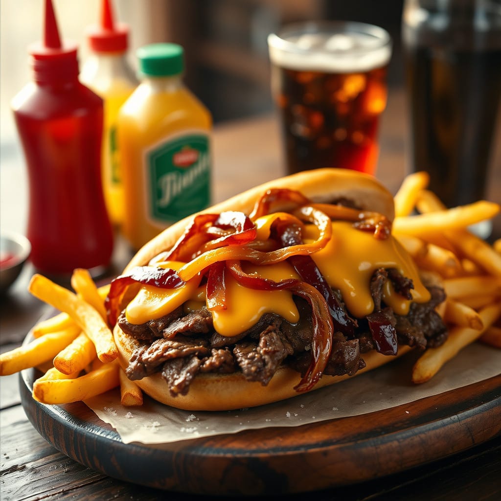 A Philly cheesesteak sandwich filled with thinly sliced ribeye steak, melted cheese, and sautéed onions, served on a hoagie roll.