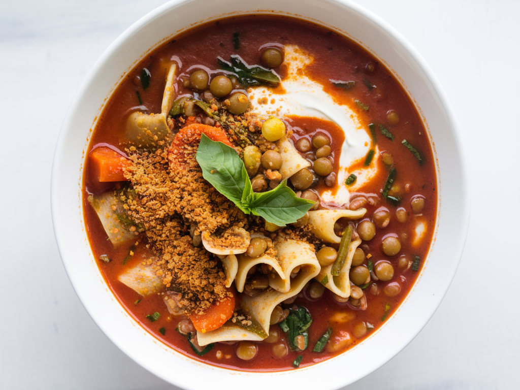 A steaming bowl of vegan lasagna soup featuring broken lasagna noodles, tender lentils, rich tomato broth, and fresh basil garnish, served with crusty bread.