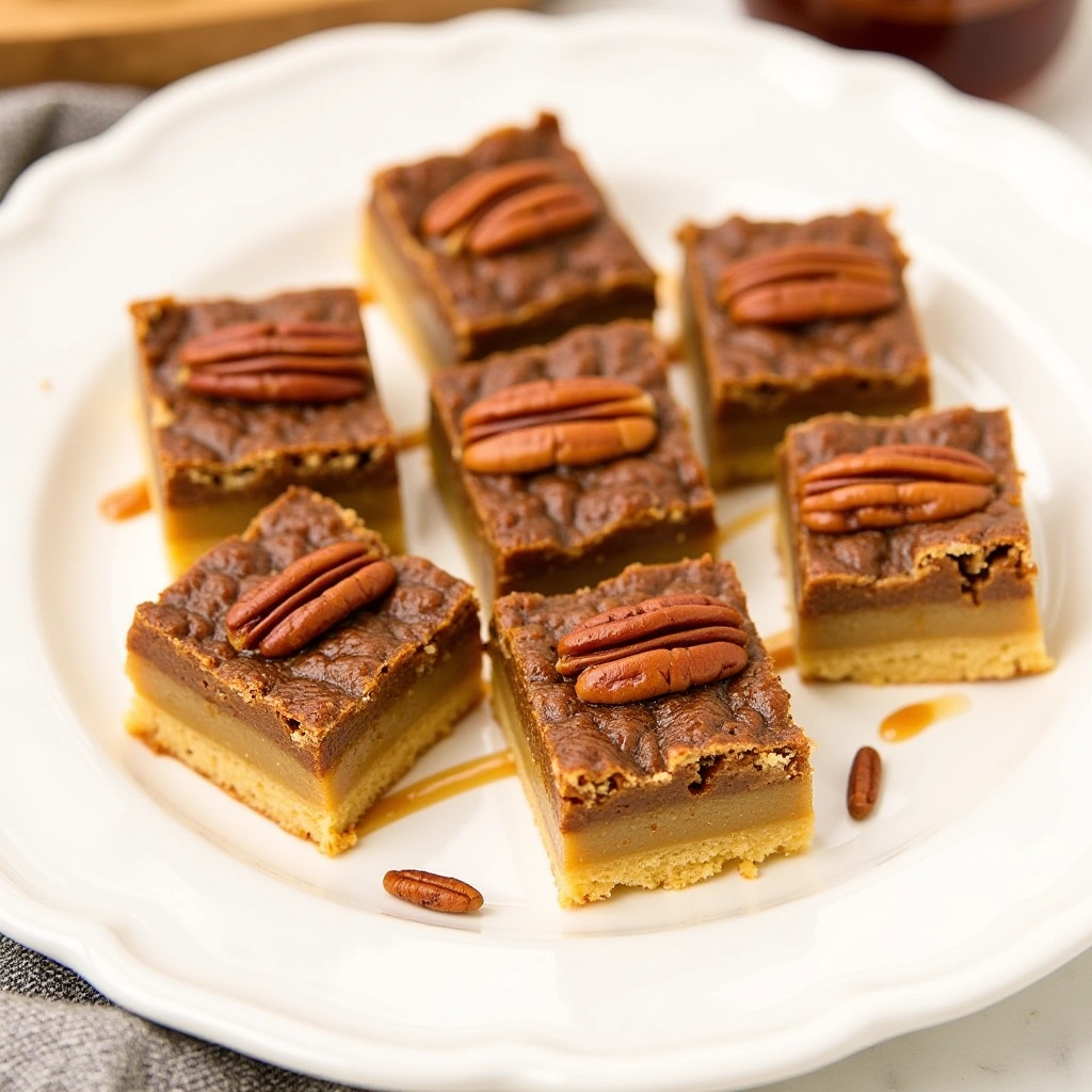 A tray of pecan pie bars with a golden shortbread crust, caramelized pecan topping, and neatly cut squares ready for serving.