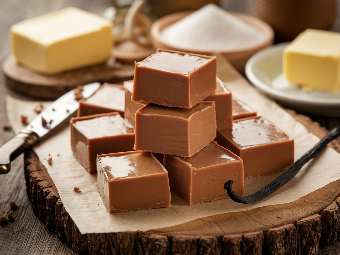 A close-up shot of creamy traditional fudge squares, highlighting its smooth texture and rich color, ideal for gifting or enjoying as a treat.