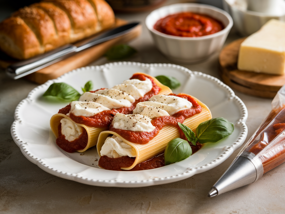 A baking dish of freshly baked manicotti stuffed with creamy cheese filling, topped with marinara sauce and melted mozzarella.