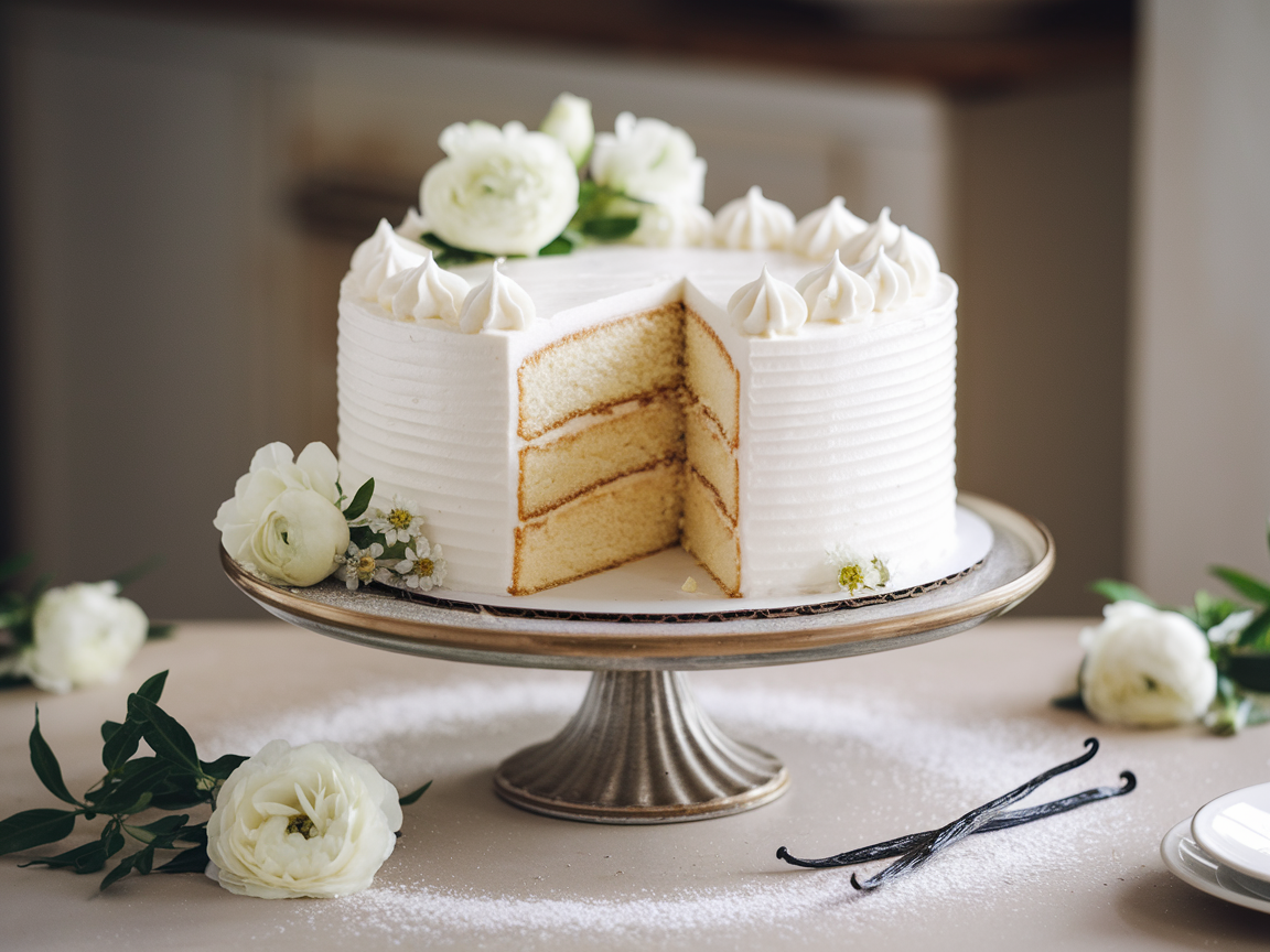 A slice of white cake topped with vanilla buttercream frosting, showcasing its light texture and subtle flavor.