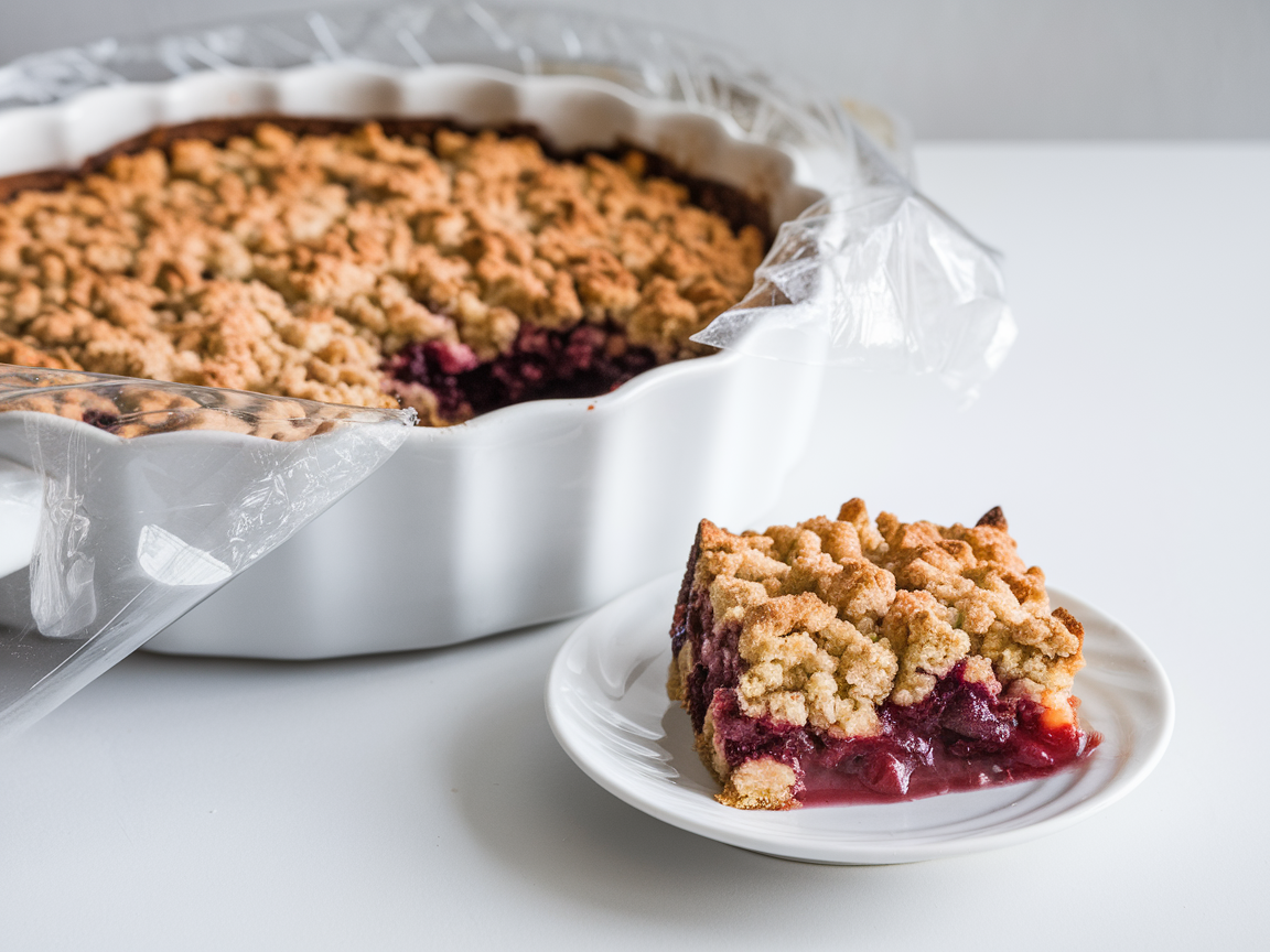 A freshly baked dump cake in a baking dish, golden brown on top with fruit filling bubbling around the edges, ready for serving or storage