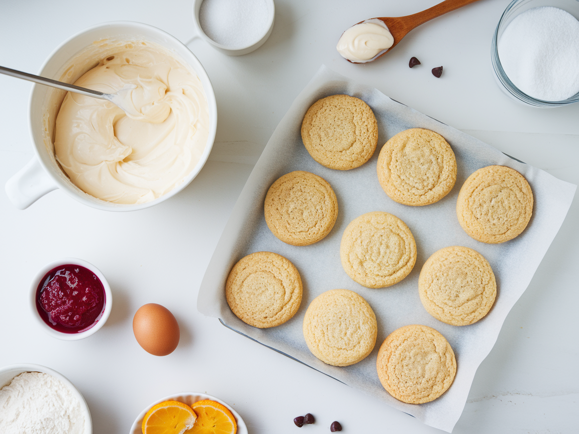 A bowl of fluffy Cool Whip next to a tray of golden-brown cookies and a freshly baked cake, showcasing its versatility in baking.