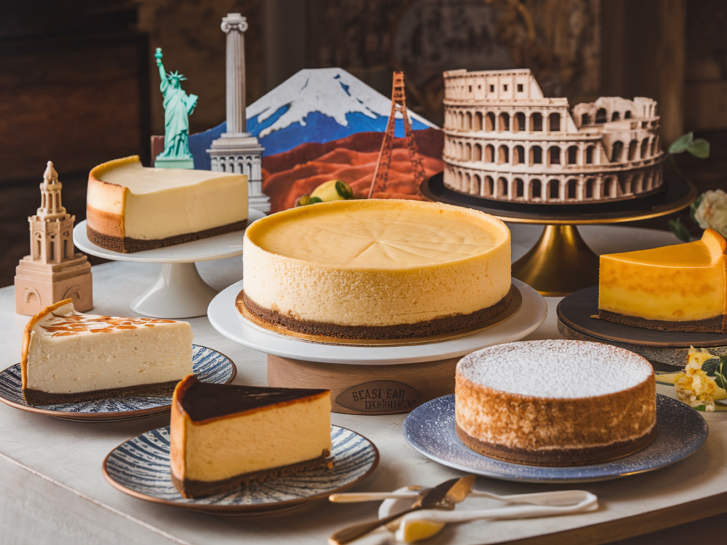 A variety of famous cheesecakes, including New York-style, Basque burnt, and Japanese cotton cheesecake, beautifully arranged on a wooden table.