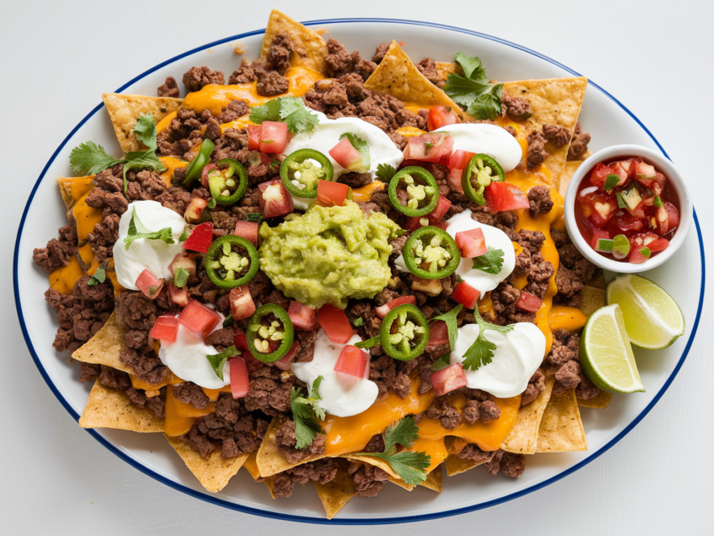 A platter of beef nachos topped with melted cheddar cheese, seasoned ground beef, fresh tomatoes, sliced jalapeños, sour cream, and cilantro garnish.