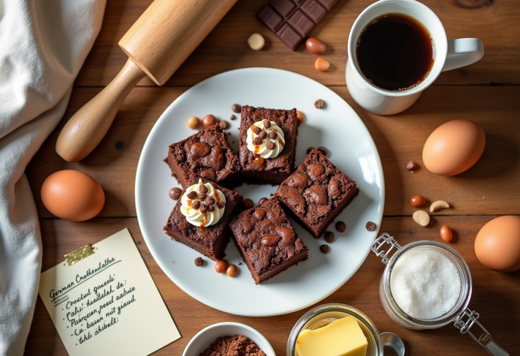 A plate of German-inspired brownies with nuts and a swirl of cream cheese, showcasing the rich flavors and textures influenced by German ingredients.