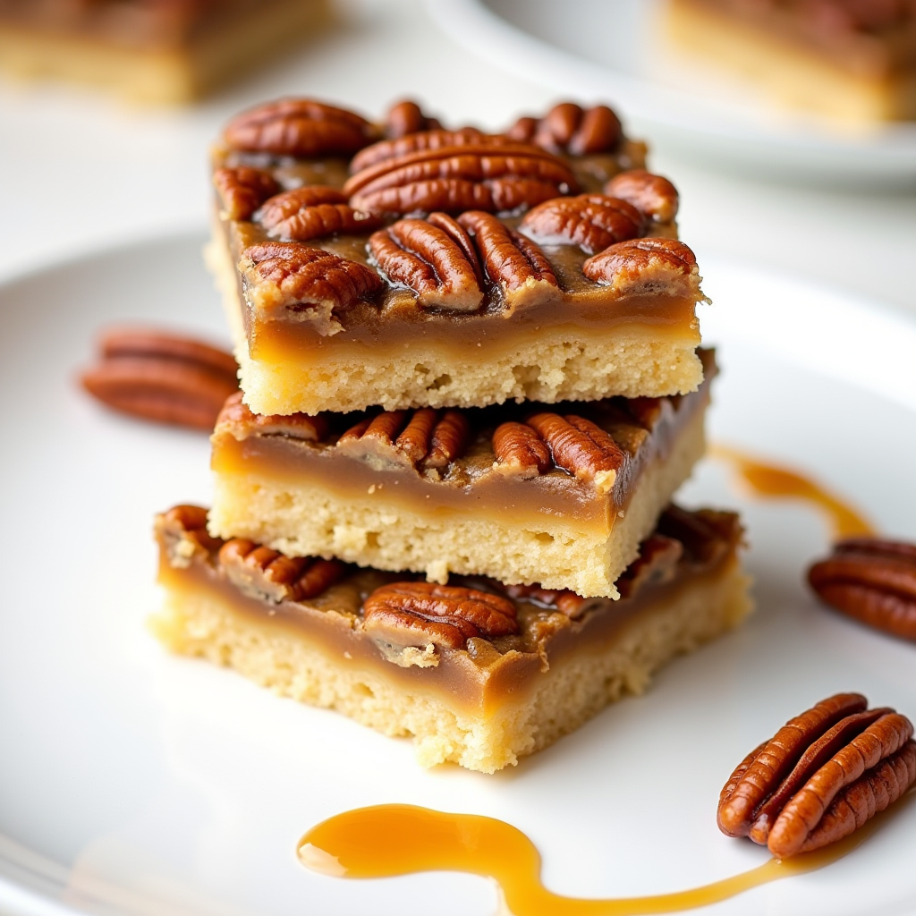 A tray of golden-brown pecan bars with a glossy, caramelized pecan topping, sliced into even squares and ready to serve.