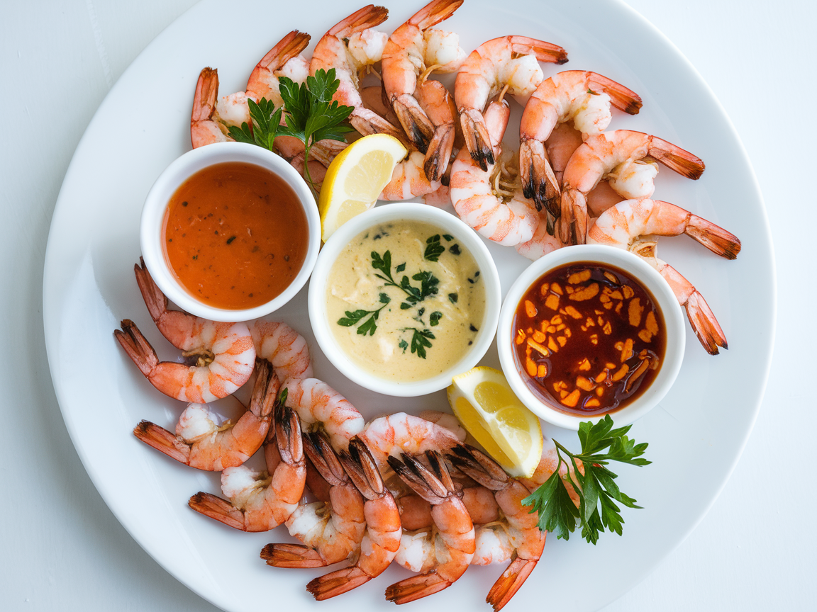 A plate of grilled shrimp garnished with parsley, served with a side of cocktail sauce and lemon wedges for dipping.