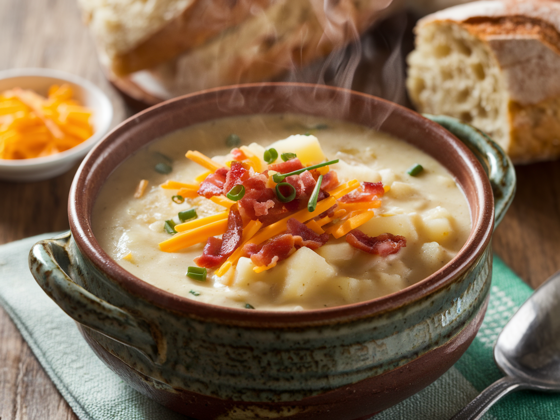 A bowl of creamy 3-ingredient crockpot potato soup, topped with shredded cheddar cheese, crispy bacon bits, and fresh chives.