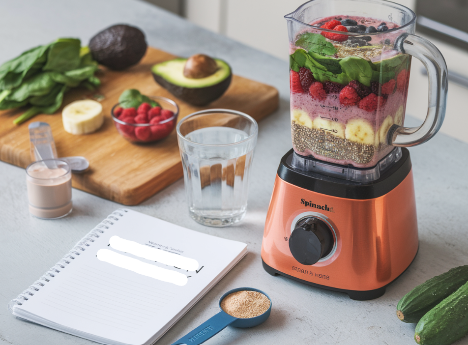 A glass of vibrant, nutrient-packed smoothie made with greens, fruits, and protein, placed alongside fresh ingredients for a balanced meal.