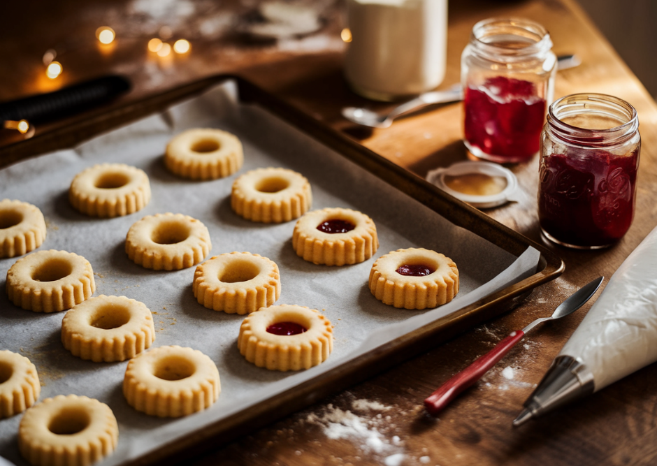 A tray of freshly baked thumbprint cookies, some with perfectly set fillings like jam and chocolate, showcasing the method of pre-baking the filling.