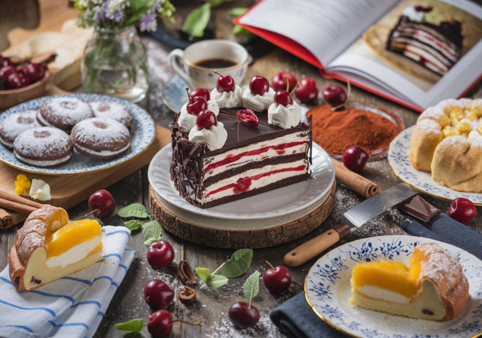 A platter of iconic German desserts including Black Forest Cake, Apfelstrudel, and Lebkuchen, showcasing the variety and richness of Germany's sweet treats.