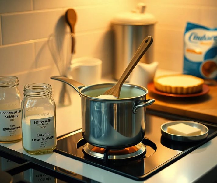 A bowl of homemade cream-based sweetened condensed milk substitute alongside a whisk, with sugar and coconut cream in the background.