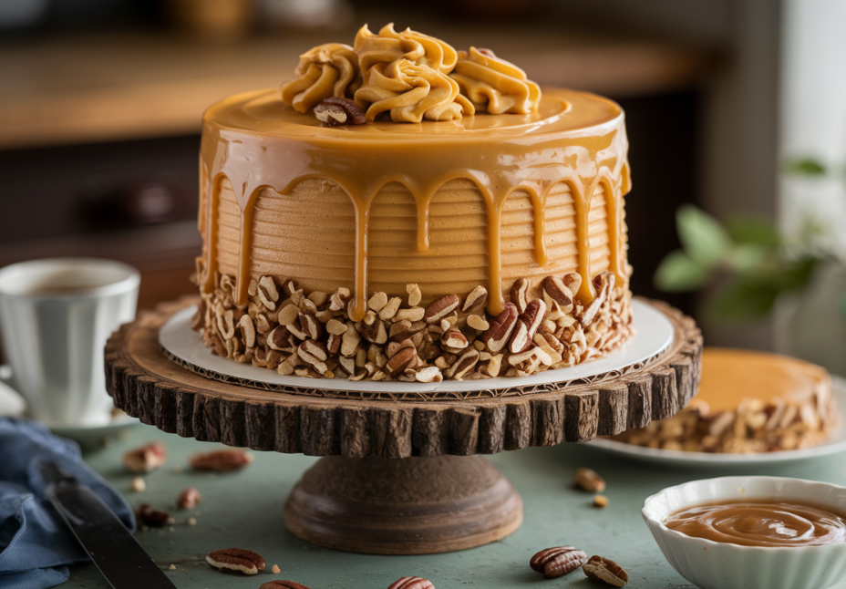 A slice of caramel cake showcasing the soft layers of cake with rich caramel frosting, garnished with pecans for extra texture.