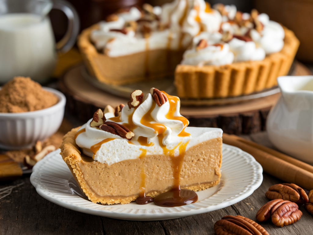 A freshly baked butterscotch pie with a golden pecan crust, topped with whipped cream and a sprinkle of chopped pecans.