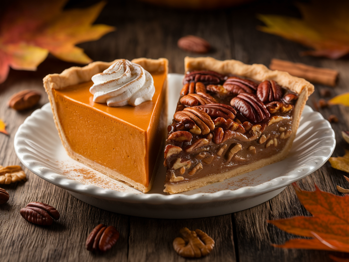 A side-by-side image of pecan pie and pumpkin pie slices on elegant white plates, showcasing their rich textures and seasonal appeal.