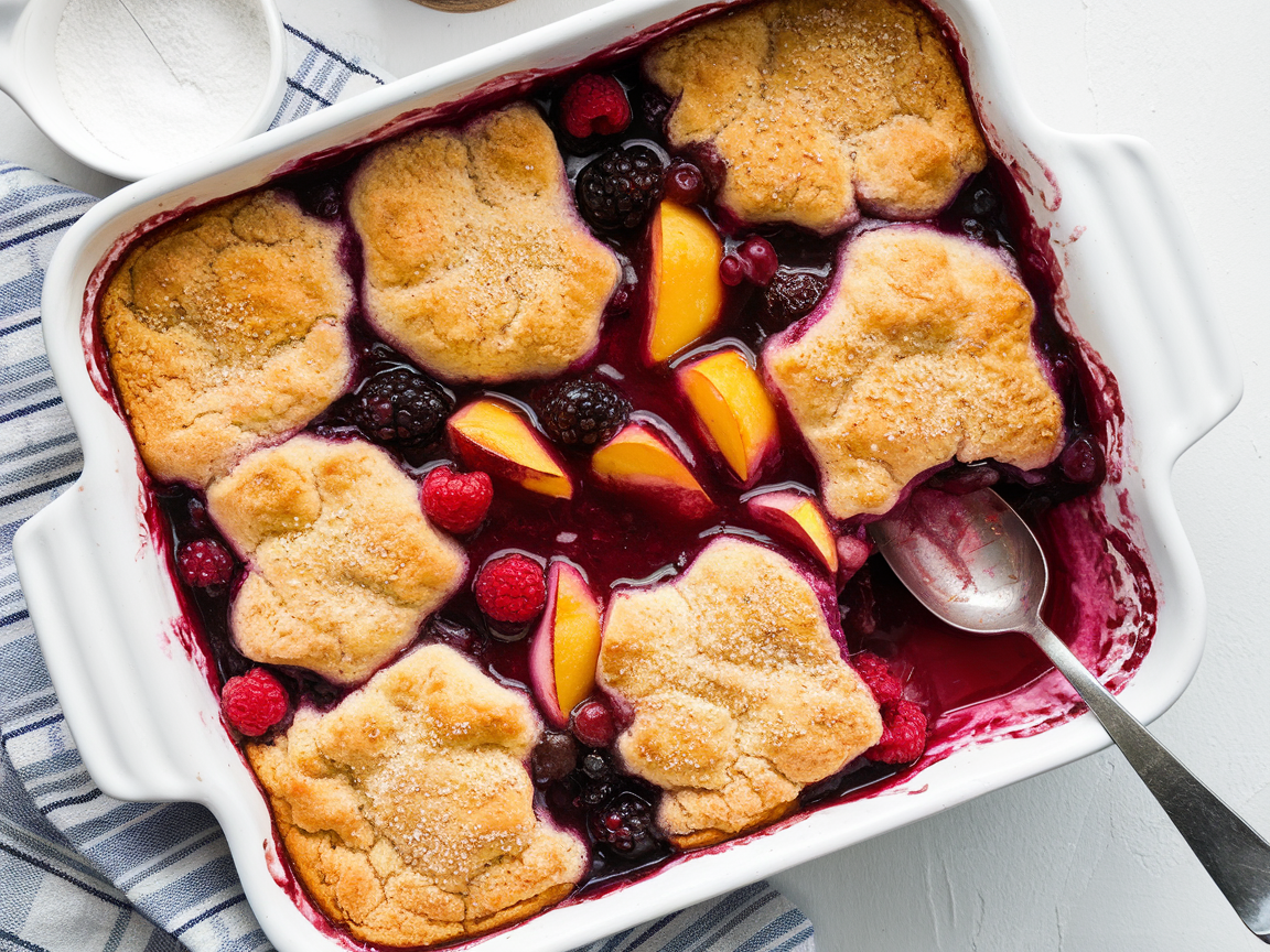 A bubbling cobbler with golden crust and perfectly thickened fruit filling, served in a rustic baking dish with a spoon on the side.