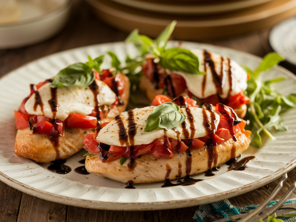 A beautifully plated Chicken Bruschetta featuring tender grilled chicken topped with fresh tomato-basil bruschetta, melted mozzarella, and a drizzle of balsamic glaze.