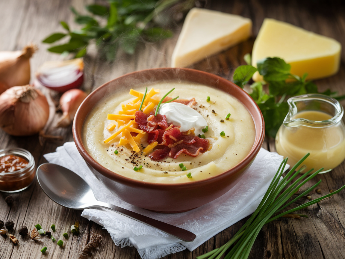 A creamy bowl of potato soup topped with crispy bacon, shredded cheese, and fresh chives, served with a slice of crusty bread.