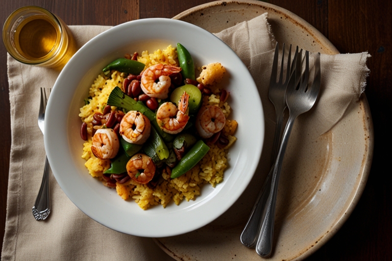 A plate of Cajun shrimp garnished with fresh parsley, served alongside red beans and rice, roasted vegetables, and a slice of cornbread.