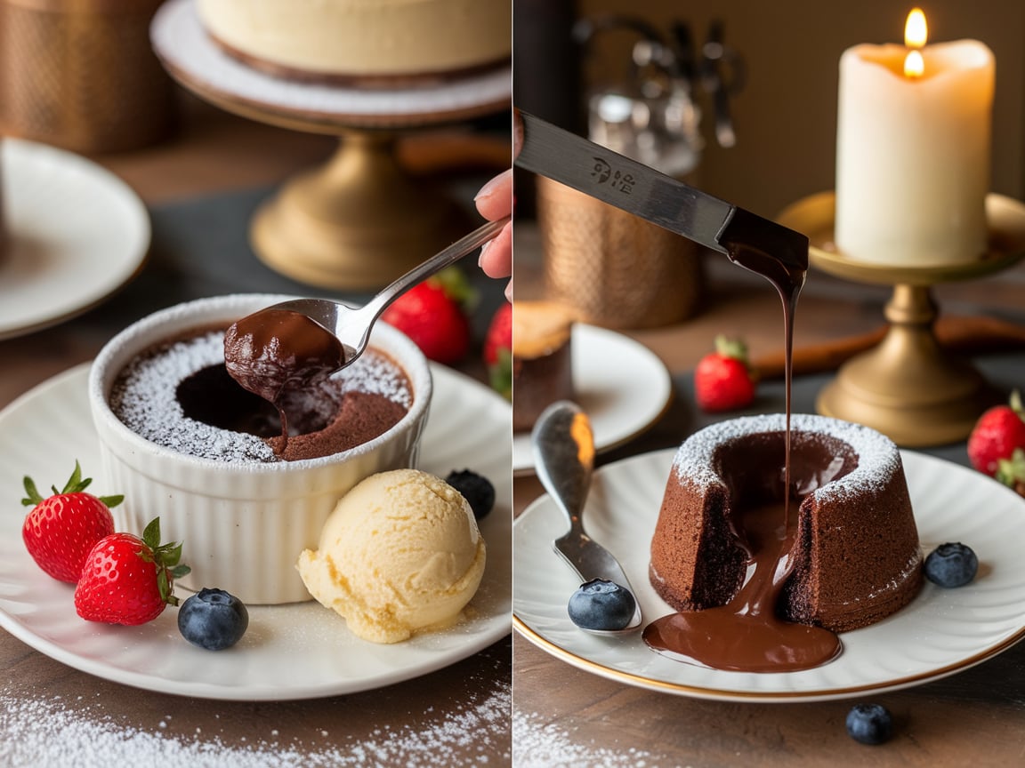 Two chocolate desserts: one a gooey molten cake served in a ramekin, and the other a lava cake on a plate with flowing chocolate sauce and berries.