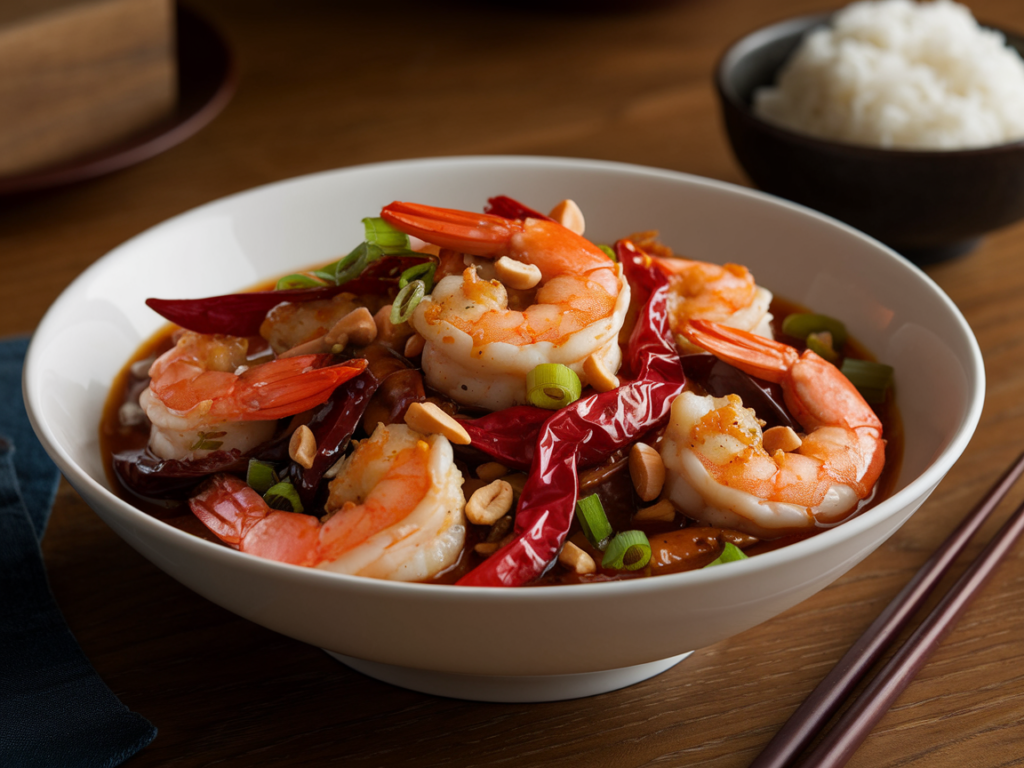 A plate of Kung Pao Shrimp featuring plump shrimp, roasted peanuts, and dried chili peppers in a glossy, savory sauce garnished with green onions.