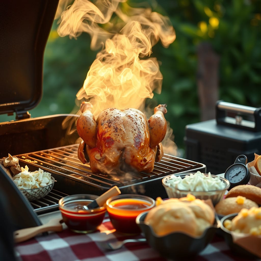 A perfectly smoked chicken with crispy skin and a golden-brown exterior, served on a platter with fresh herbs and accompaniments.