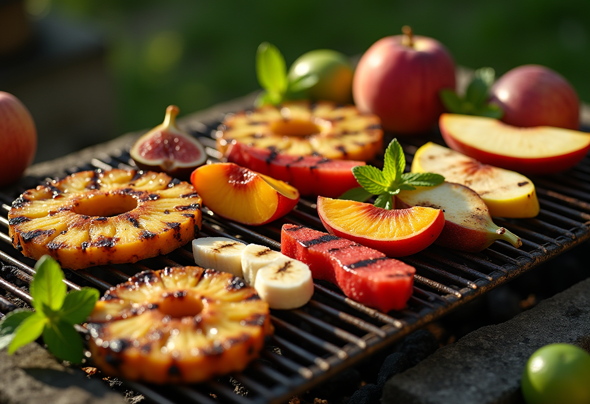 A rustic outdoor grilling setup featuring an assortment of fruits being grilled on a clean barbecue grate. The fruits include pineapple rings, peach halves, watermelon slices, banana halves, apple wedges,