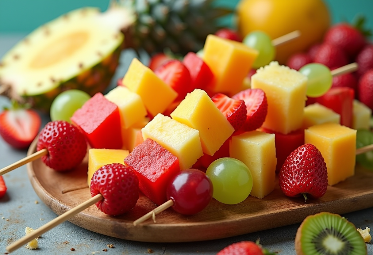 A vibrant array of fruit kabobs featuring pineapple, strawberries, kiwi, and grapes, showcasing the best fruits for skewering.