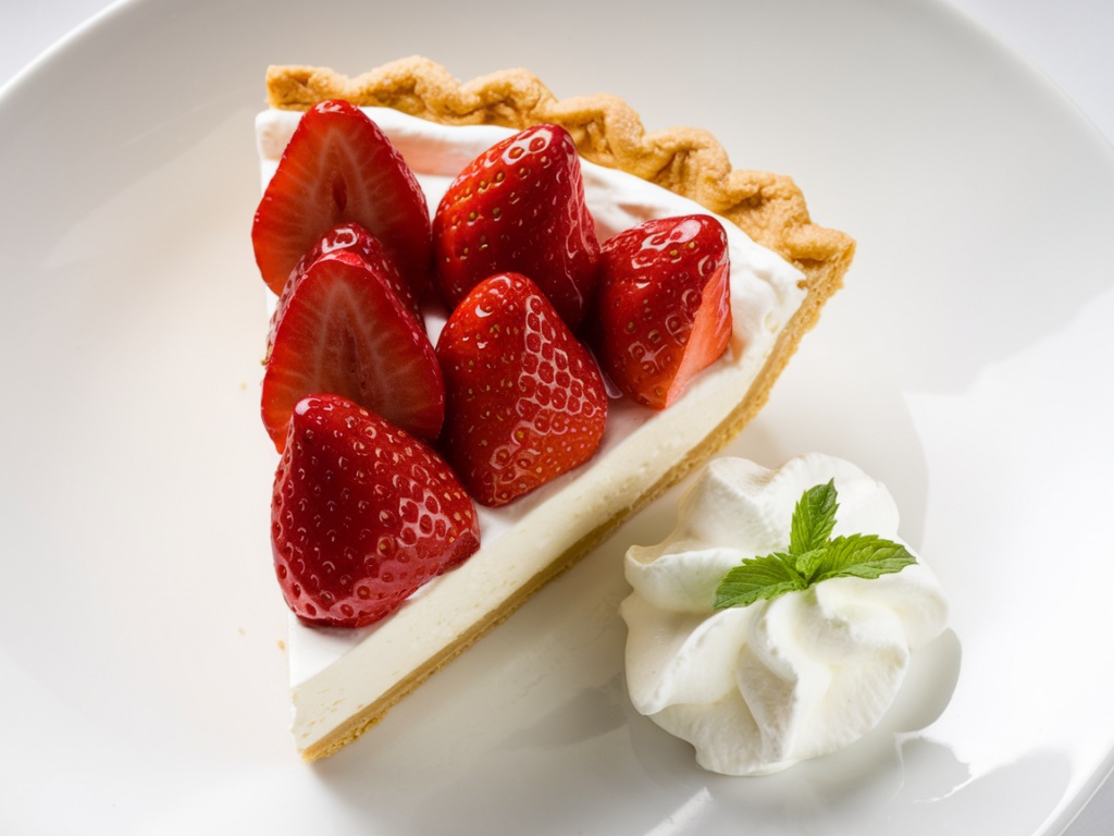 A beautifully set strawberry cream pie with a graham cracker crust, topped with fresh strawberries and a smooth, whipped cream filling, garnished with mint.