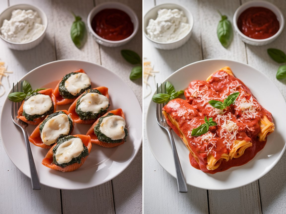 A side-by-side comparison of stuffed shells and manicotti, each topped with marinara sauce and melted cheese in a baking dish.