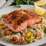 A vibrant plate of Cajun salmon, crispy and seasoned, served over fluffy, vegetable-studded rice, garnished with fresh parsley and lemon slices.