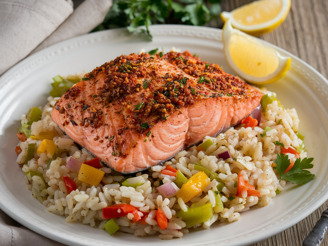 A vibrant plate of Cajun salmon, crispy and seasoned, served over fluffy, vegetable-studded rice, garnished with fresh parsley and lemon slices.