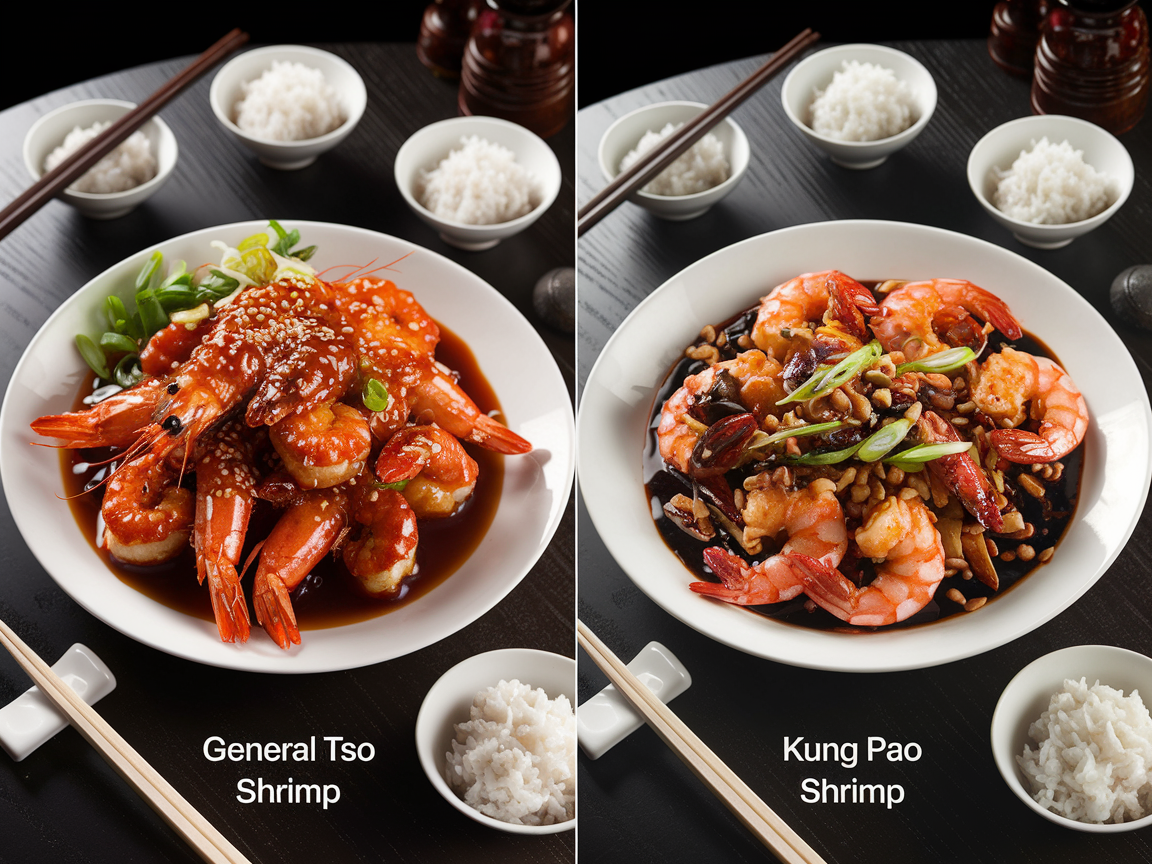 A side-by-side comparison of General Tso Shrimp, crispy and glazed, and Kung Pao Shrimp, spicy with peanuts and dried chilies, served on white plates.