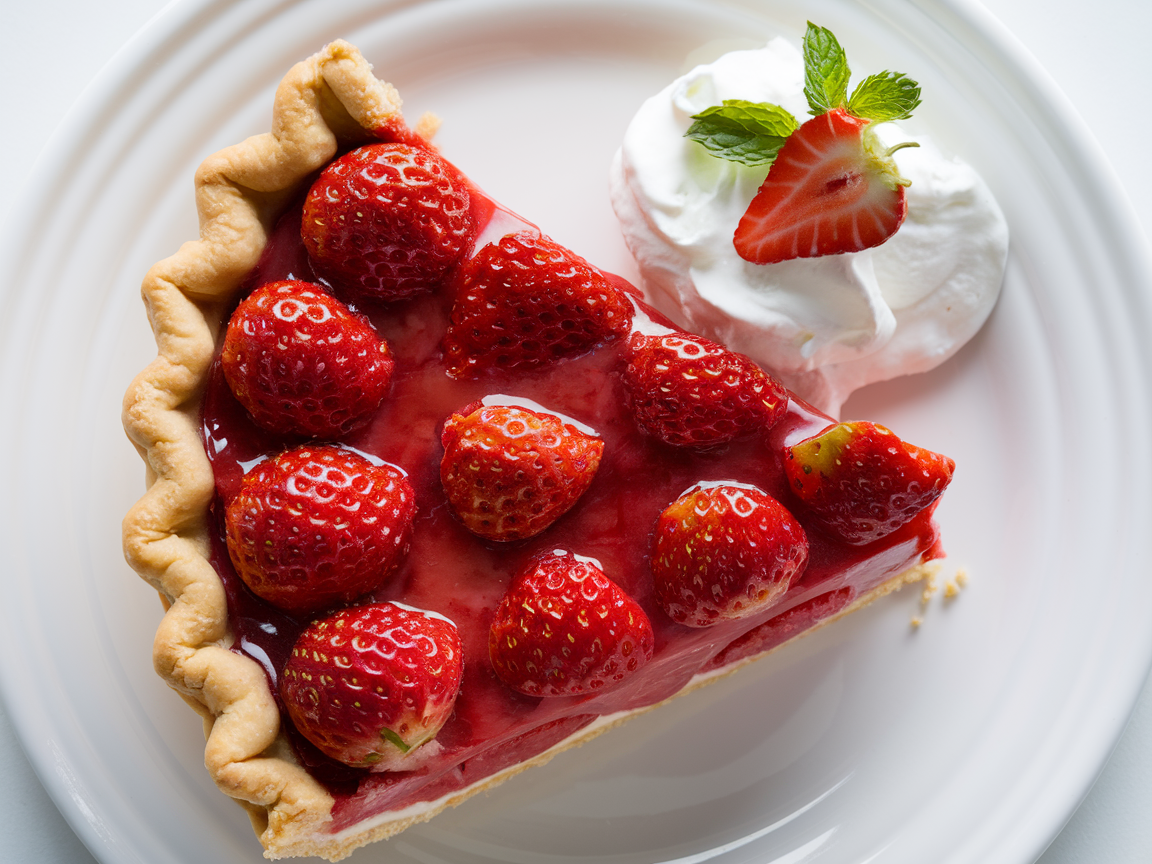 A slice of strawberry pie with perfectly set, glossy filling and a golden, flaky crust, garnished with fresh strawberries and whipped cream.