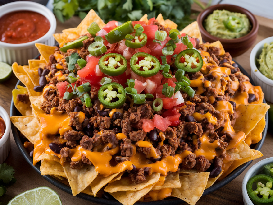 A tray of perfectly baked nachos with golden melted cheese, seasoned beef, diced tomatoes, sliced jalapeños, and fresh cilantro, served with guacamole and salsa.