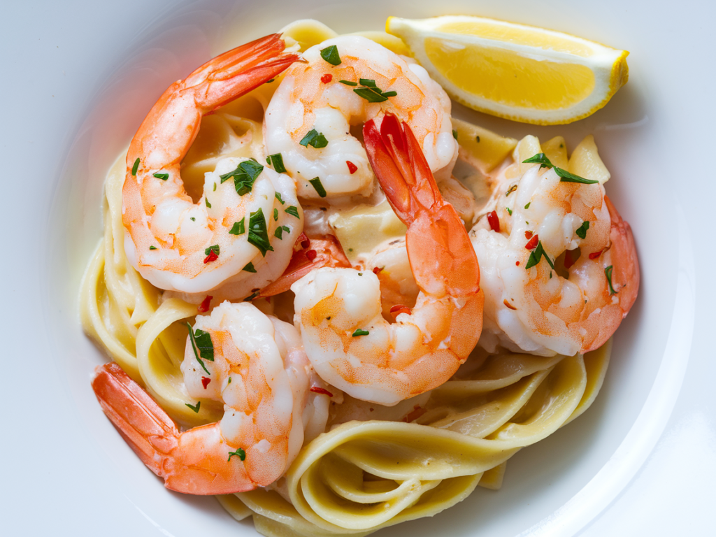 A skillet of shrimp scampi with golden shrimp in a buttery garlic sauce, garnished with parsley and lemon wedges, served over a bed of linguine.