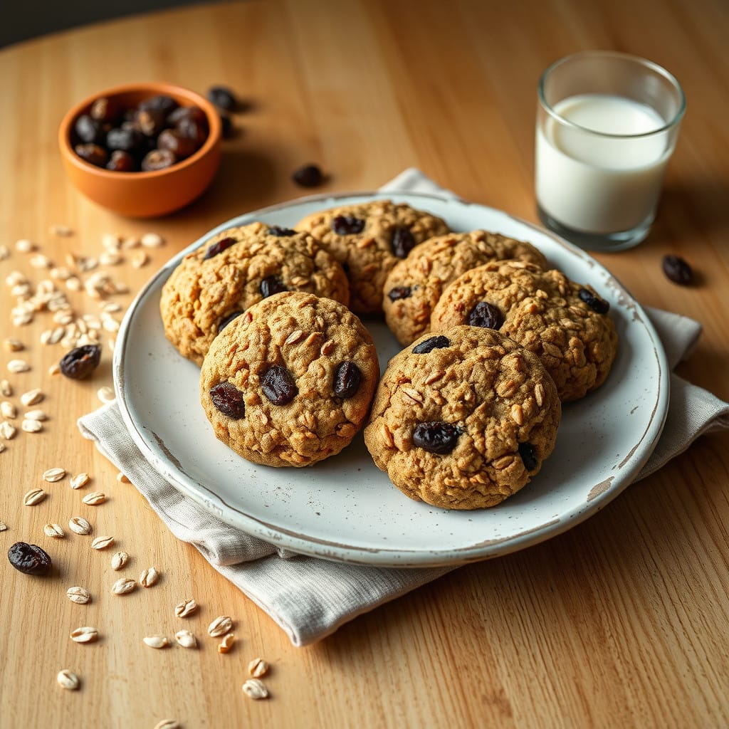 A close-up of freshly baked oatmeal cookies on a cooling rack, showing visible oats and optional add-ins like nuts and dried fruits, with a rustic kitchen setting.