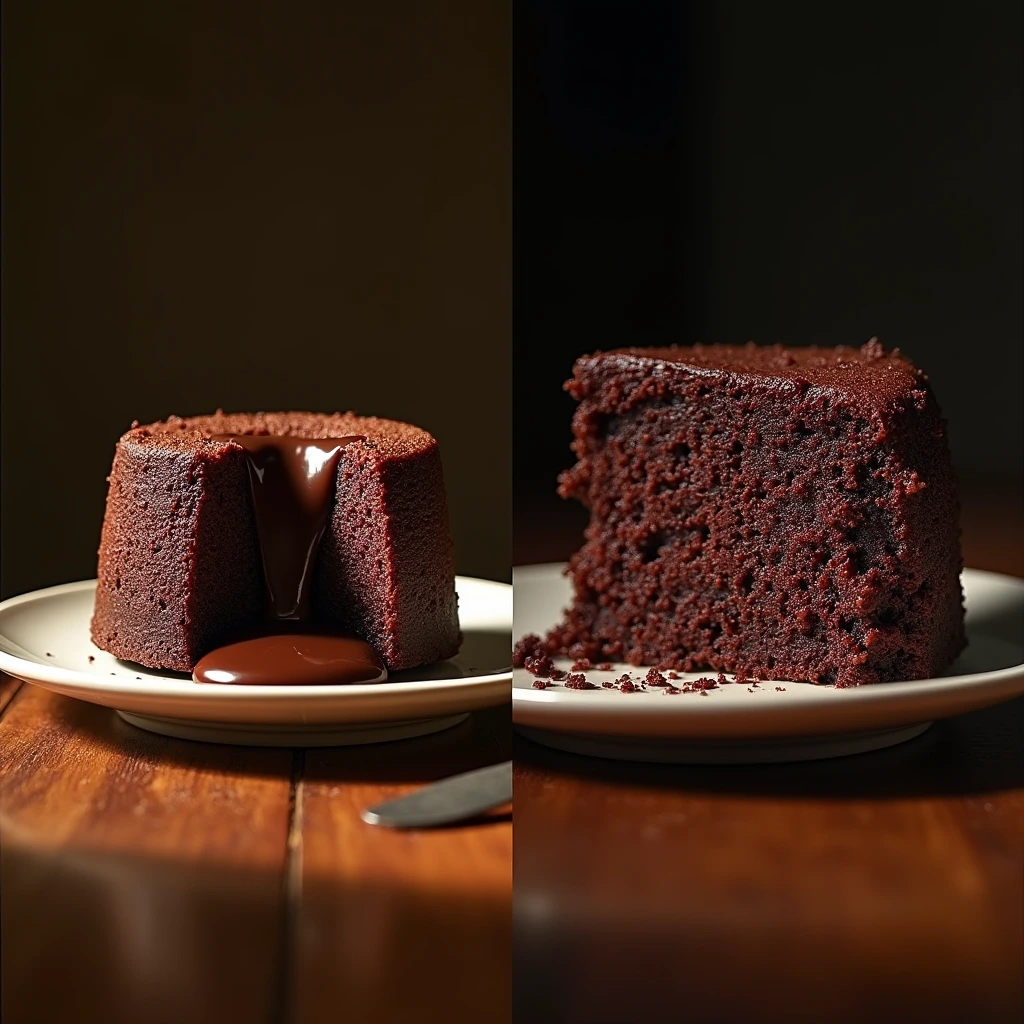 A rich lava cake with a firm outer crust and molten chocolate center flowing onto a white plate, garnished with powdered sugar and fresh berries.