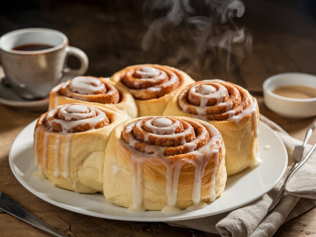 A tray of golden sourdough cinnamon rolls with gooey swirls of cinnamon-sugar filling, topped with a creamy glaze, served warm and ready to enjoy.