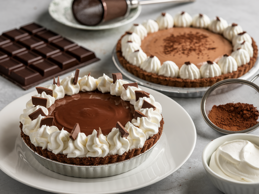 A photo of a white plate with a chocolate cream pie and a chocolate silk pie. The chocolate cream pie has a rich, glossy chocolate custard filling topped with a generous layer of whipped cream and finished with chocolate shavings. The chocolate silk pie has a smooth, mousse-like filling with a velvety texture, nestled in a flaky pie crust, and garnished with a dusting of cocoa powder and a swirl of whipped cream. The background includes a bar of dark chocolate, a sifter with cocoa powder, and a small bowl of whipped cream.