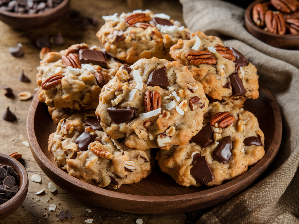 A tray of freshly baked cowboy cookies, golden-brown with visible oats, chocolate chips, shredded coconut, and pecans, stacked on a rustic wooden board