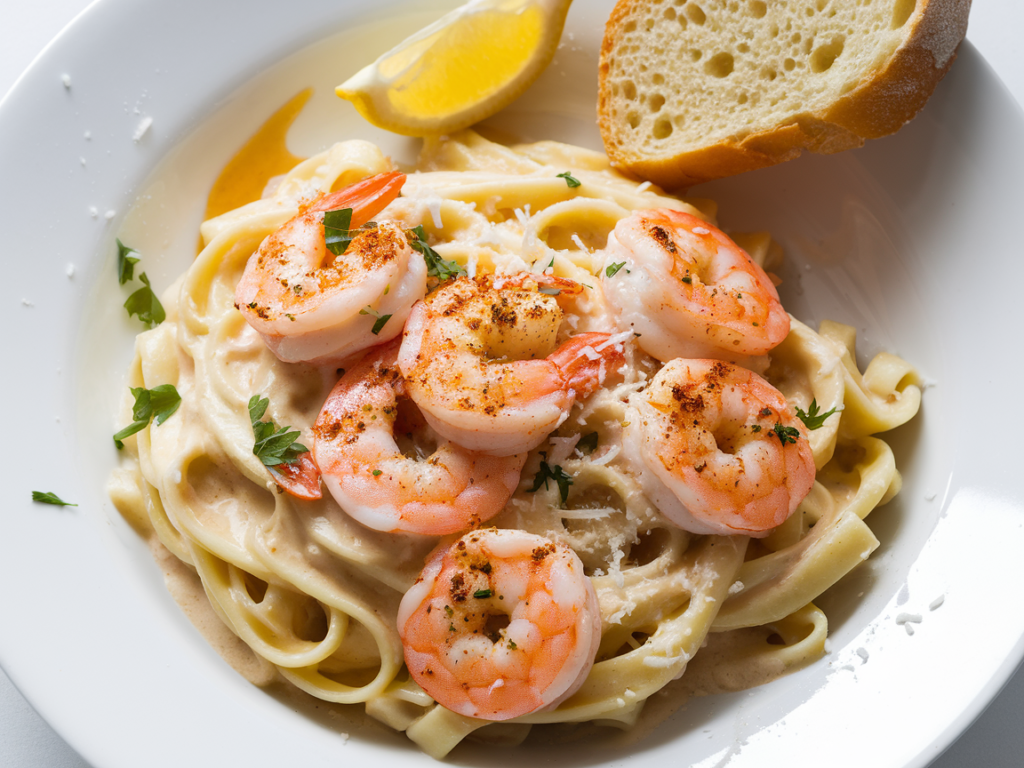 A skillet of creamy shrimp Alfredo sauce with sautéed shrimp, garnished with parsley, and served over fettuccine pasta.