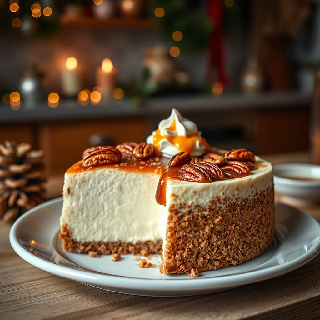 A slice of no-bake pecan pie cheesecake on a plate, showcasing the layers of graham cracker crust, creamy cheesecake filling, and caramelized pecan topping.