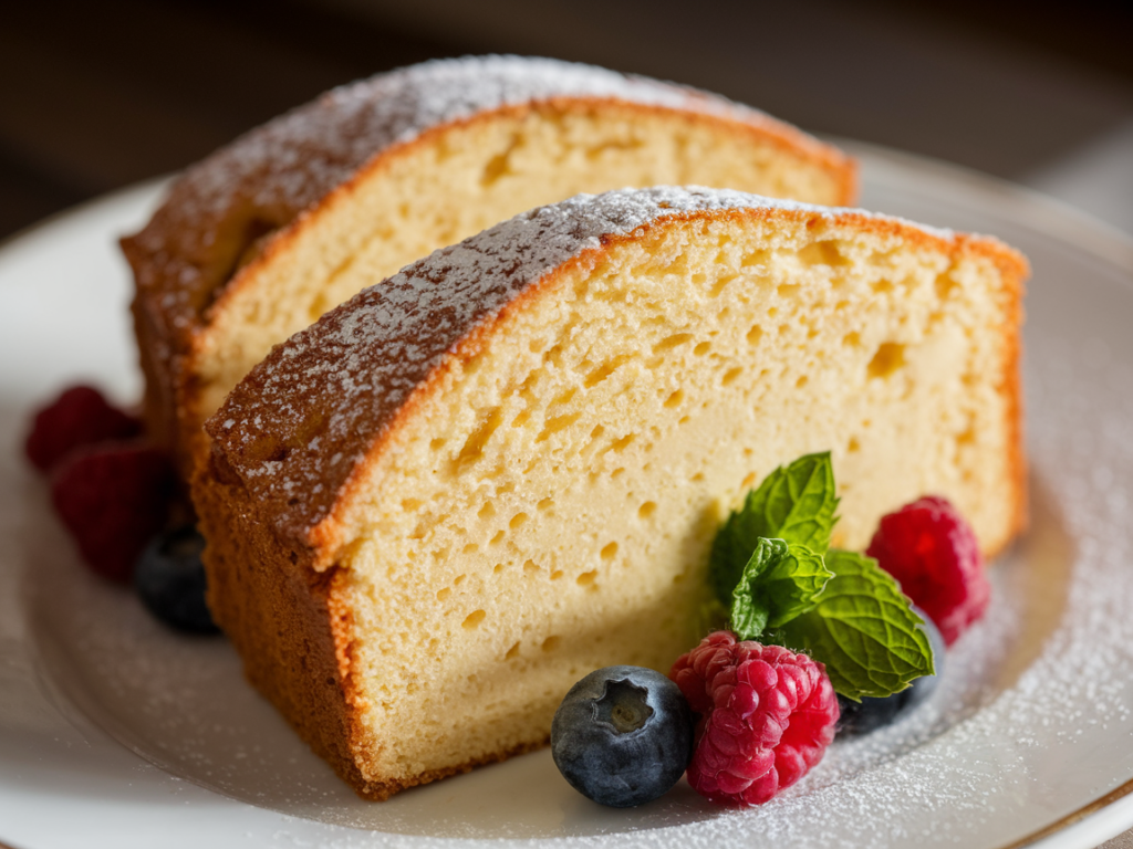 A golden-brown pound cake with a smooth, even texture resting on a wire cooling rack, sliced to reveal its moist, tender crumb.