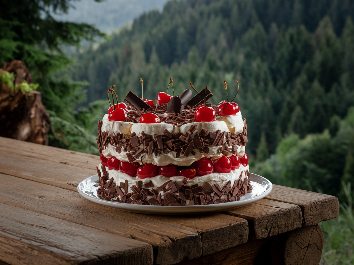 A slice of Black Forest cake, layered with chocolate sponge, whipped cream, cherries, and topped with chocolate shavings, ready to serve.