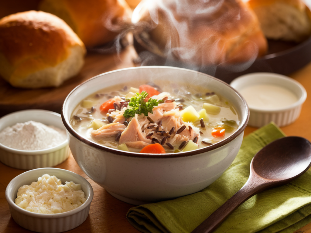 A creamy bowl of chicken wild rice soup with thick, hearty texture, garnished with parsley and served with a slice of crusty bread.