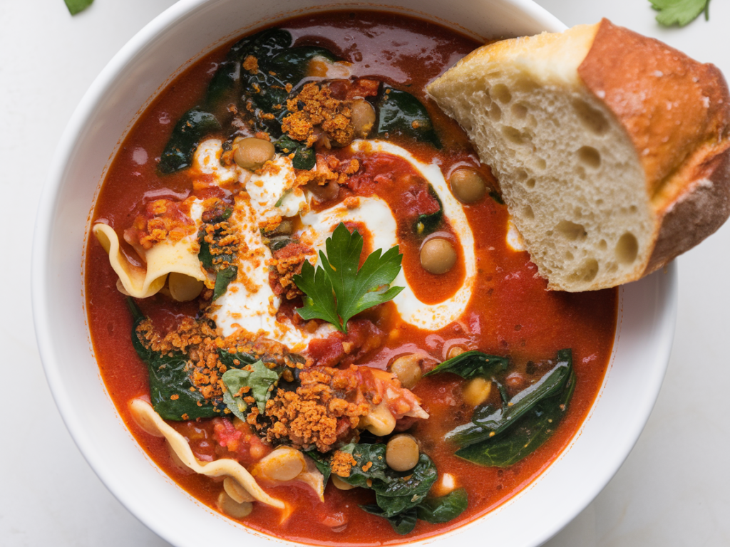 A steaming bowl of vegan lasagna soup with broken lasagna noodles, rich tomato broth, fresh parsley garnish, and a drizzle of cashew cream.