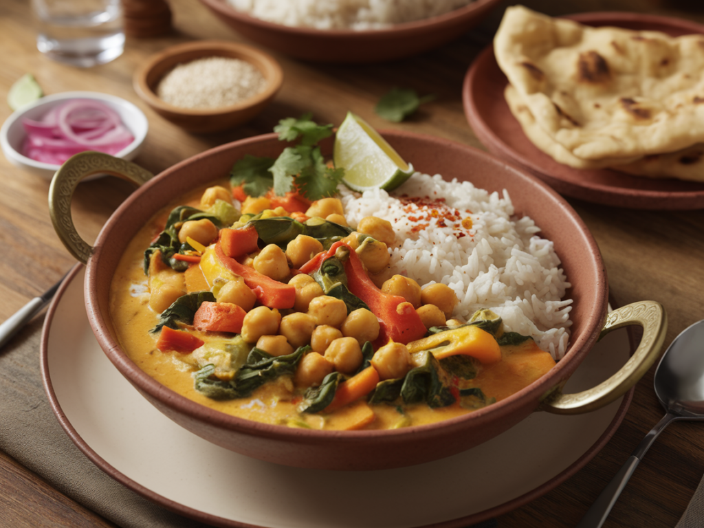 A vibrant bowl of vegan curry featuring chickpeas, spinach, and coconut milk, garnished with fresh cilantro and served with rice.